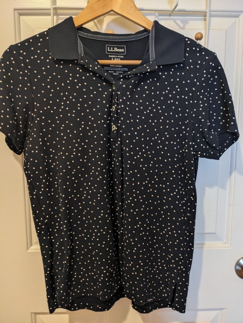 L.L. Bean Women's Navy Polka Dot Slightly Fitted Polo Shirt